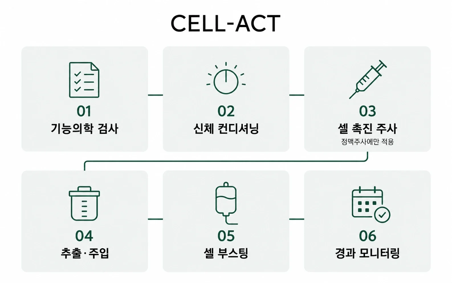 모즈 셀액트(CELL-ACT) 6단계 — 기능의학 검사, 신체 컨디셔닝, 셀 촉진 주사(정맥주사에만 적용), 추출·주입, 셀 부스팅, 경과 모니터링